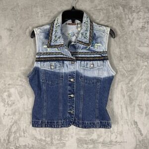 Vintage Bill Blass Medium Jean Vest Embroidered Floral Rhinestone Denim 90's
